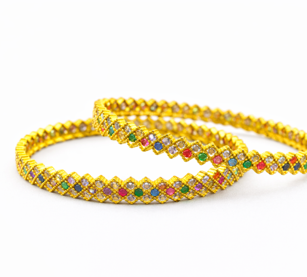 Multicolor Stone-Studded Gold Bangles